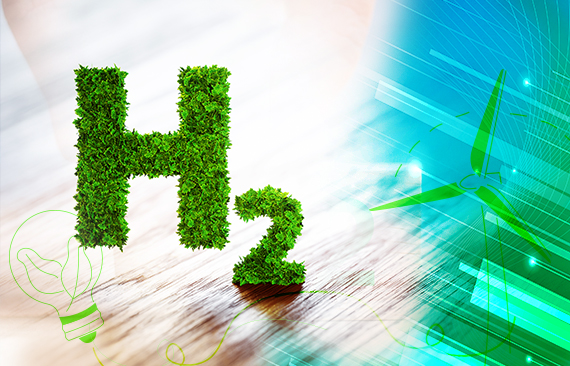 A imagem mostra a letra H e o número 2, símbolo químico do hidrogênio, formados por folhas verdes