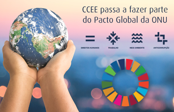 Mãos segurando o planeta terra e, ao lado, os quatro pilares dos 10 princípios do Pacto Global e a roda colorida dos ODSs da ONU