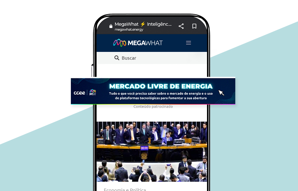 Celular com destaque para banner do site da Megawhat