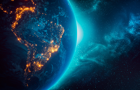 Imagem do globo terrestre como visto do espaço, com destaque ao território brasileiro