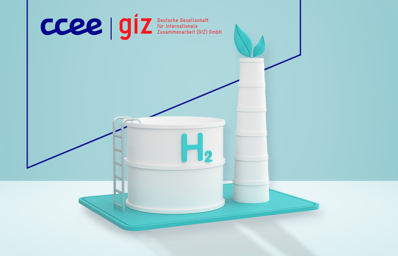 Ilustração de uma usina hidroelétrica com a sigla do hidrogênio e com o fundo azul.