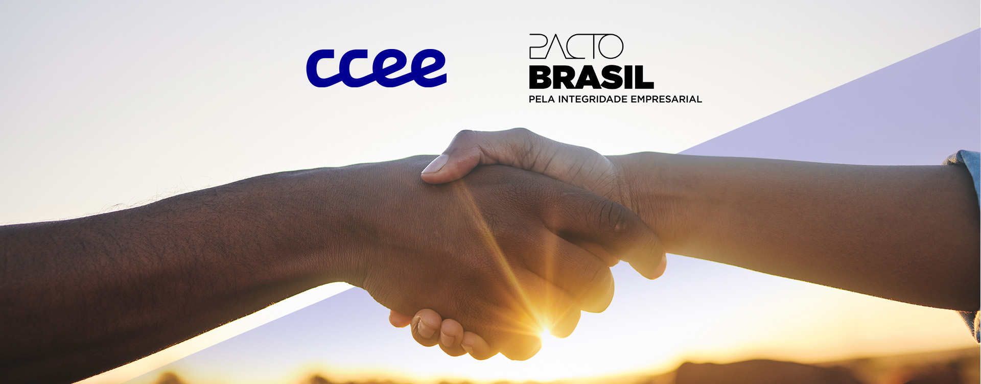 duas mãos de cumprimentando com um por do sol ao fundo, acima da imagem os logos da CCEE e do Pacto Brasil