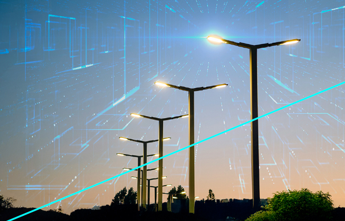 Imagem mostra uma fila de postes de luz